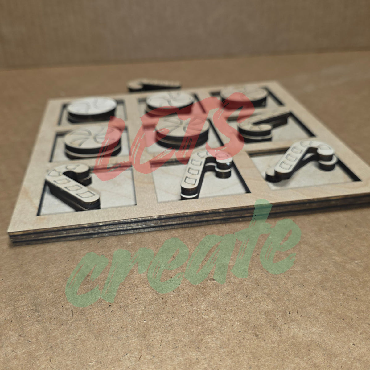 A laser-cut wooden Tic-Tac-Toe board featuring layered candy cane and peppermint candy game pieces resting neatly inside the board's slots.