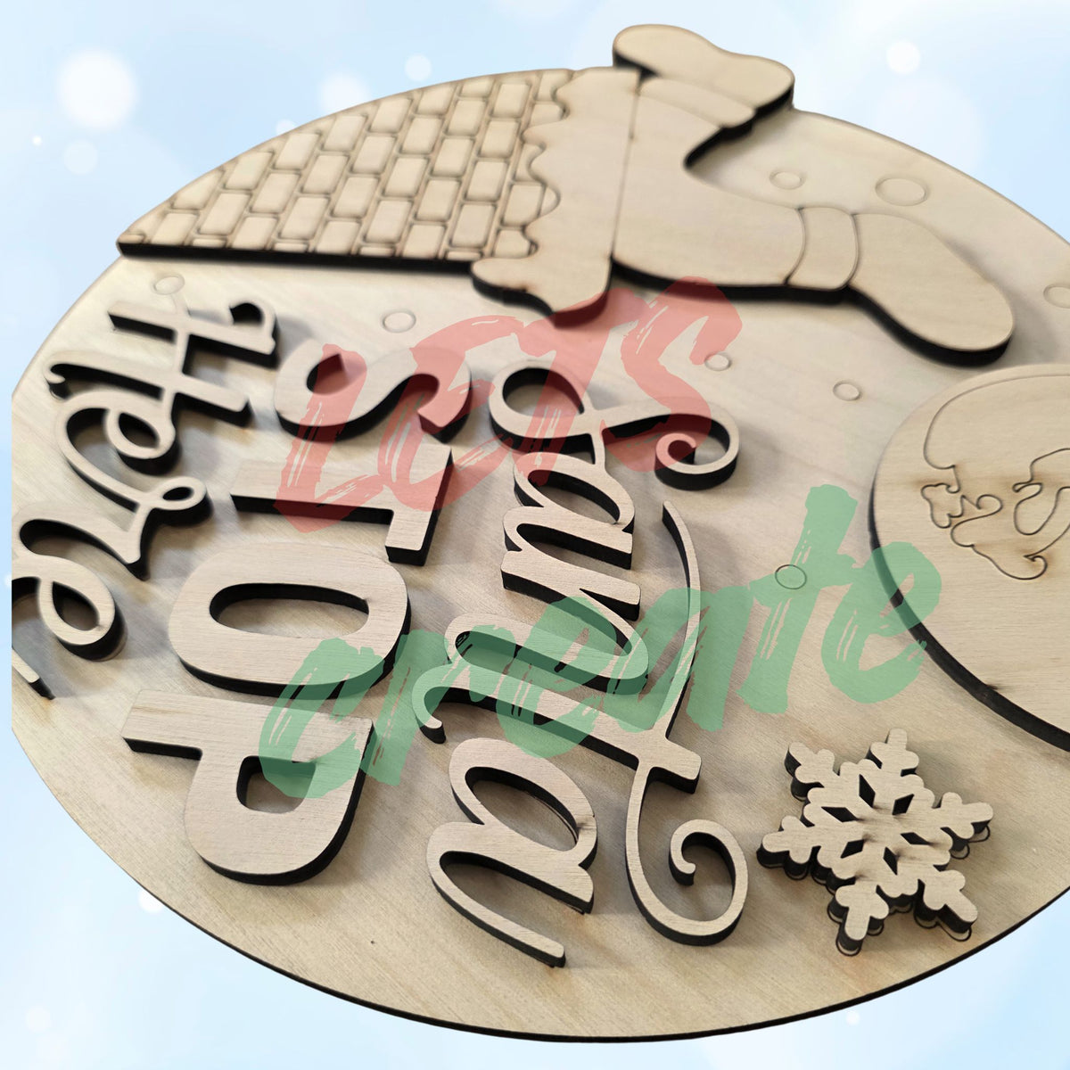 A layered wooden Christmas sign featuring Santa's legs sticking out of a chimney against a background with a snowflake and the moon, displaying the script words "Santa Stop Here" on a white wood plank background.